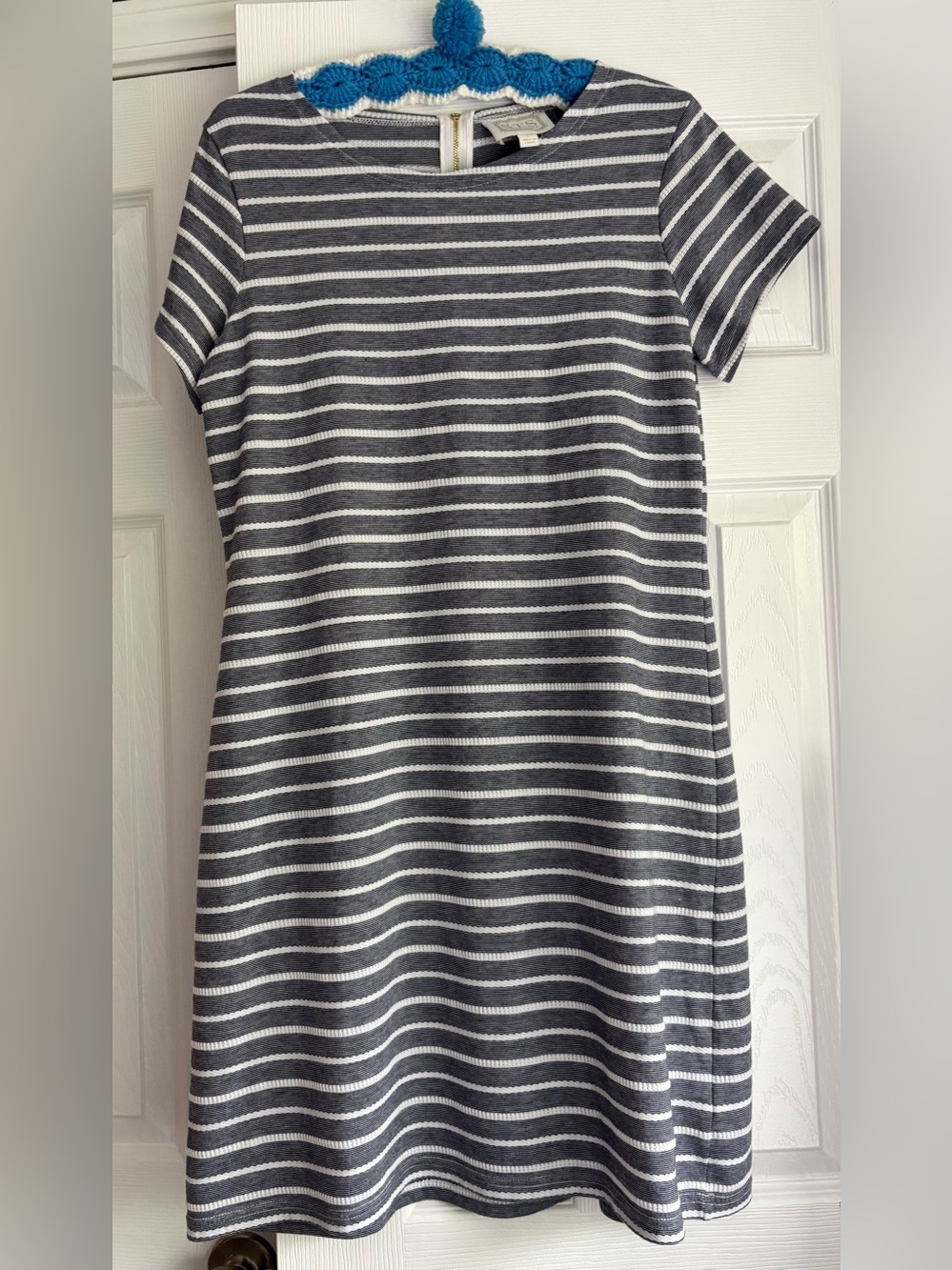 Sail to Sable Navy Blue & White “Rope” Striped Short-Sleeve Knit Dress Sz L